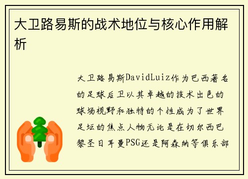 大卫路易斯的战术地位与核心作用解析